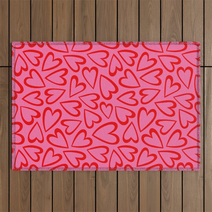 Red love heart cartoon pattern Outdoor Rug Gallery Image 1