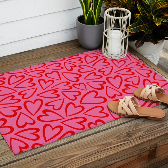 Red love heart cartoon pattern Outdoor Rug Gallery Image 2