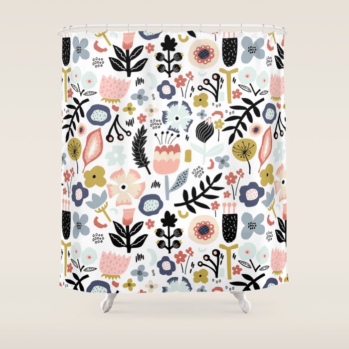 Naive Floral Scandinavian Design Shower Curtain Gallery Image 1
