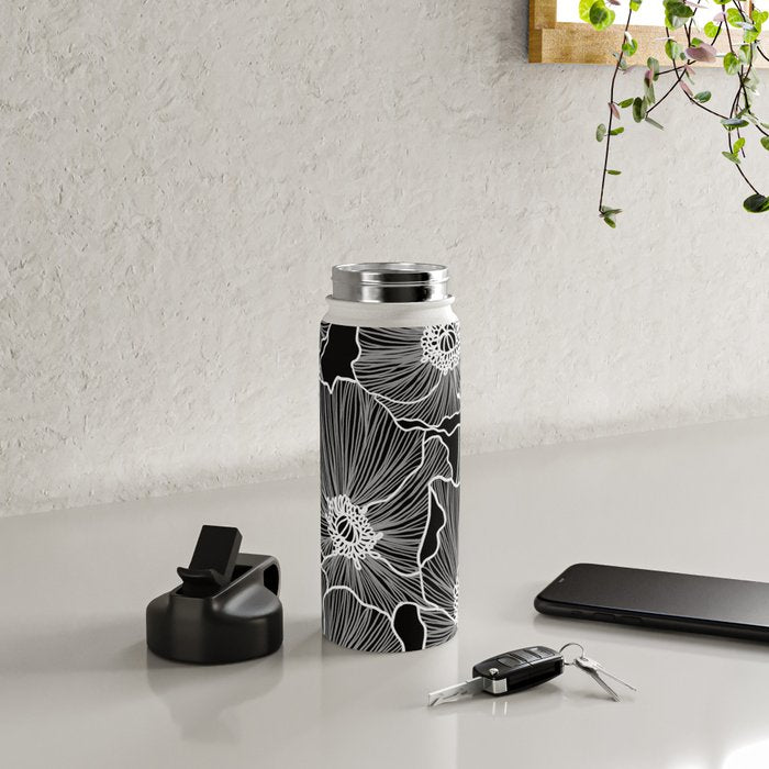 Black and White Poppies Water Bottle Gallery Image 4