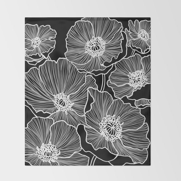 Black and White Poppies Throw Blanket Gallery Image 2