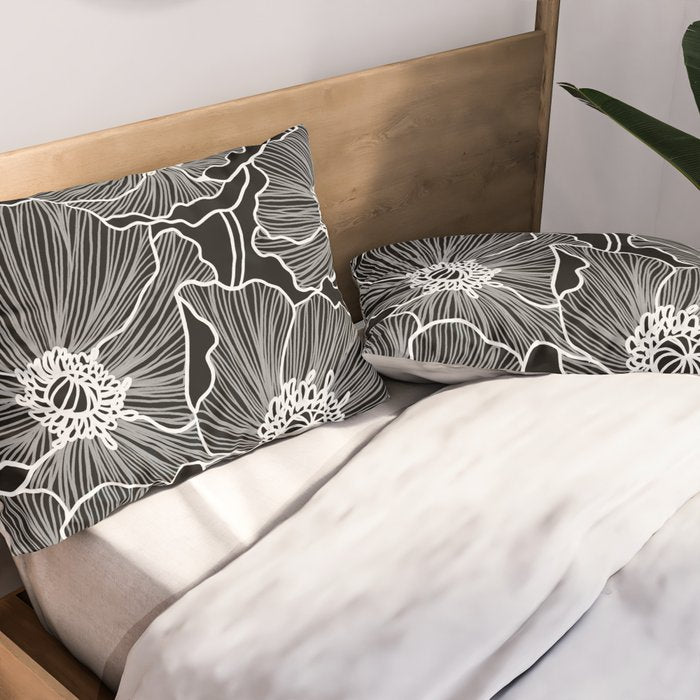 Black and White Poppies Pillow Sham Gallery Image 2