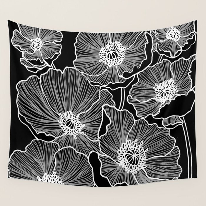 Black and White Poppies Wall Tapestry Gallery Image 4