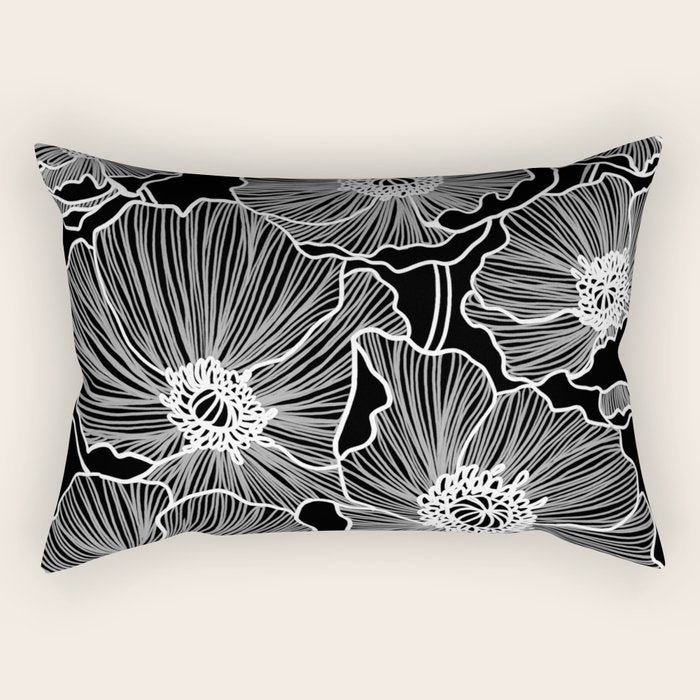 Black and White Poppies Rectangular Pillow Gallery Image 2
