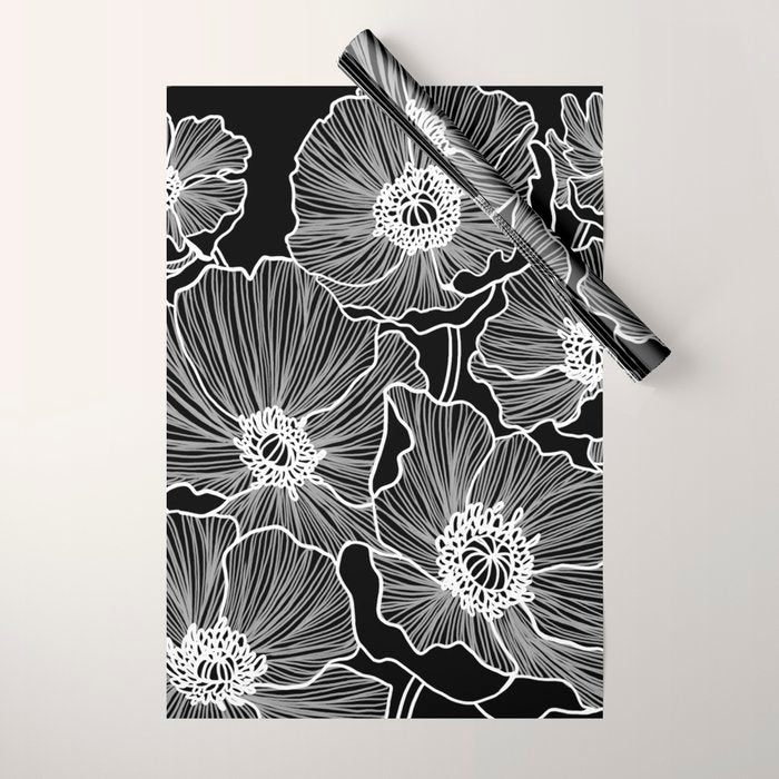 Black and White Poppies Wrapping Paper Gallery Image 1
