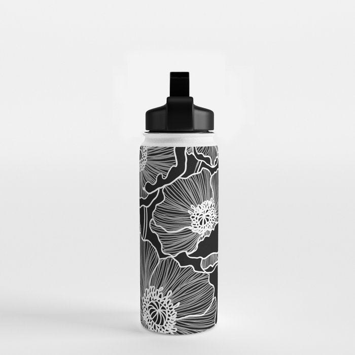 Black and White Poppies Water Bottle Gallery Image 2