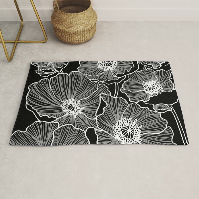 Black and White Poppies Rug Gallery Image 1