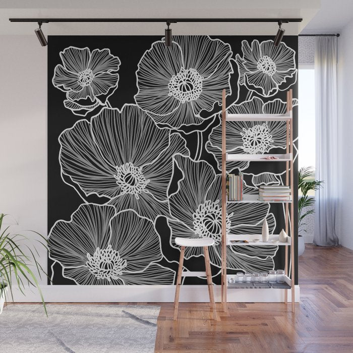 Black and White Poppies Wall Mural Gallery Image 1
