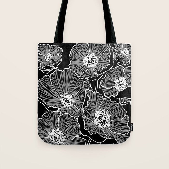 Black and White Poppies Tote Bag Gallery Image 1