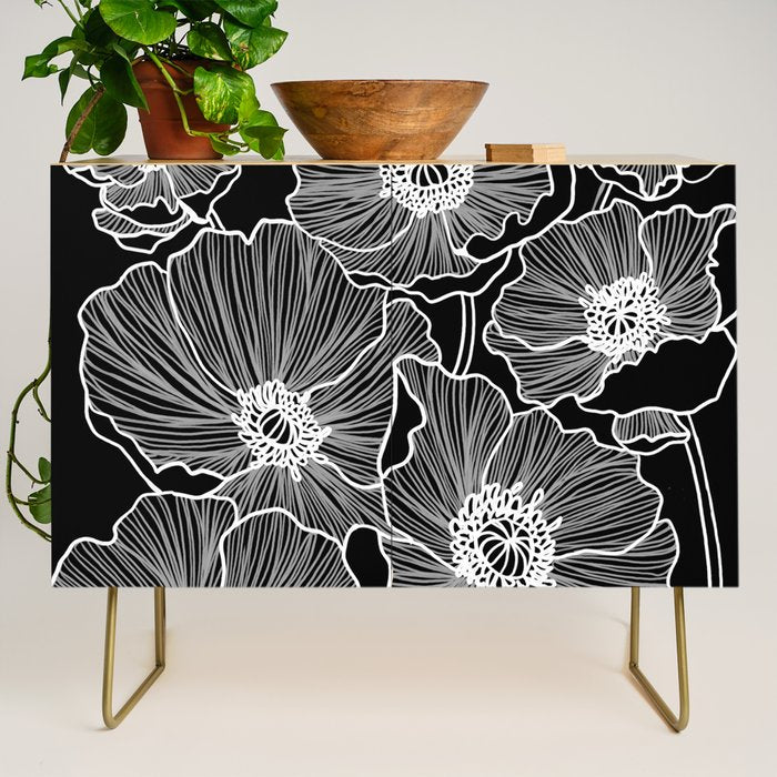 Black and White Poppies Credenza Gallery Image 1
