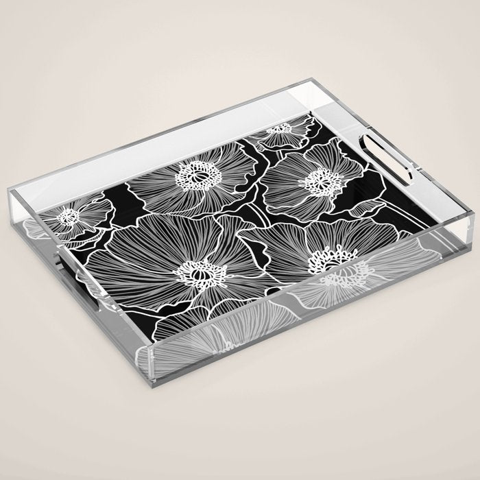 Black and White Poppies Acrylic Tray Gallery Image 1