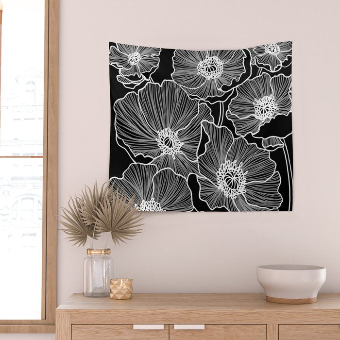 Black and White Poppies Wall Tapestry Gallery Image 2