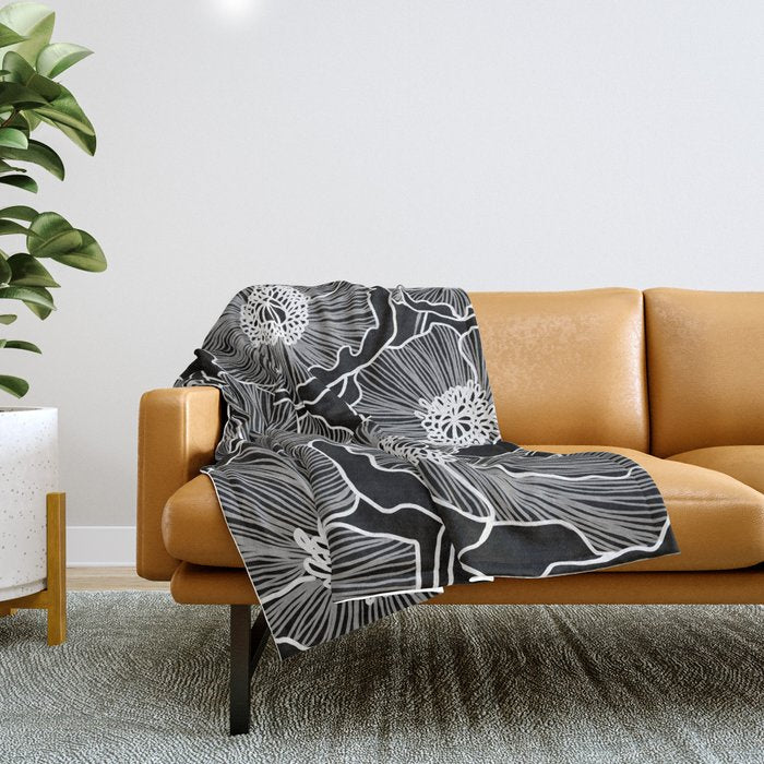 Black and White Poppies Throw Blanket Gallery Image 1