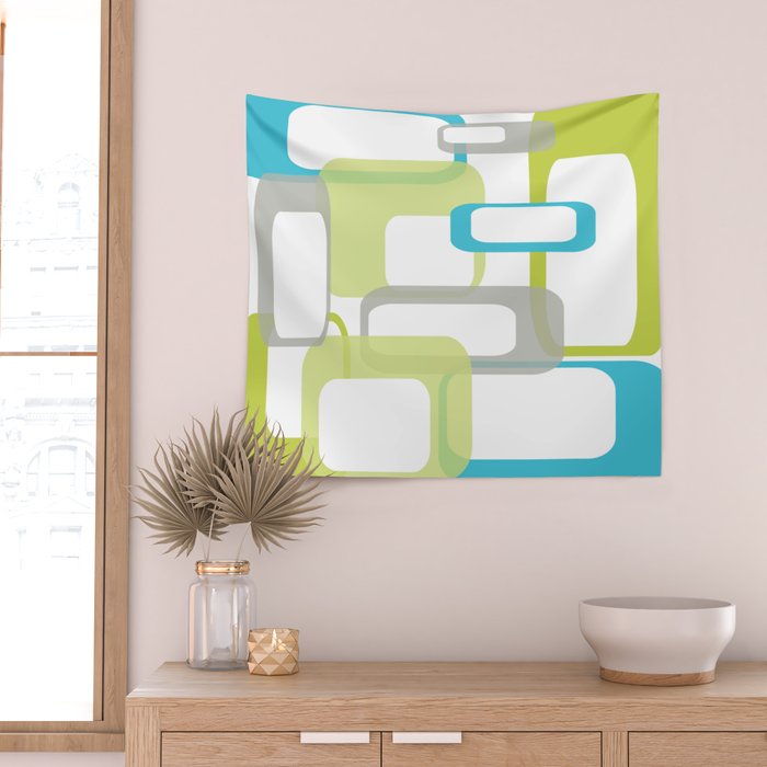 Mid-Century Modern Rectangle Design Blue Green and Gray Wall Tapestry Gallery Image 2