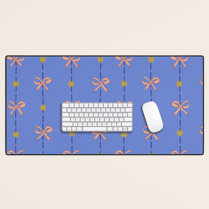 Cute Hair Bows & Stars in Sky Blue & Peach Desk Mat Gallery Image 1