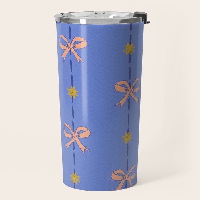 Cute Hair Bows & Stars in Sky Blue & Peach Travel Mug Gallery Image 2