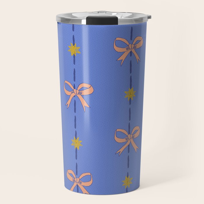 Cute Hair Bows & Stars in Sky Blue & Peach Travel Mug Gallery Image 1
