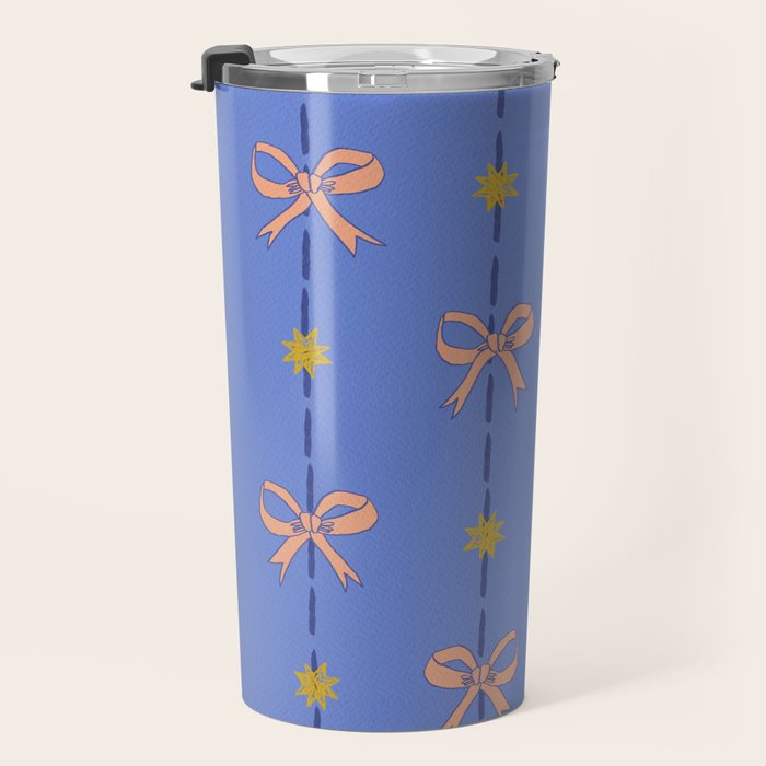 Cute Hair Bows & Stars in Sky Blue & Peach Travel Mug Gallery Image 3