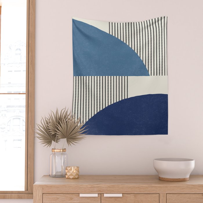 Quarter Circle Lines - Blue Navy  Wall Tapestry Gallery Image 2