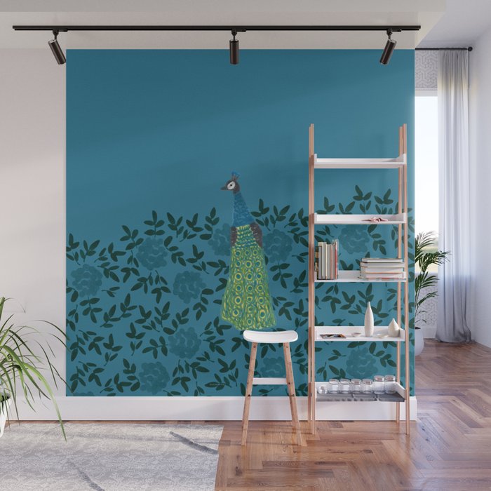Peacock and Flower - Teal and Blue Wall Mural