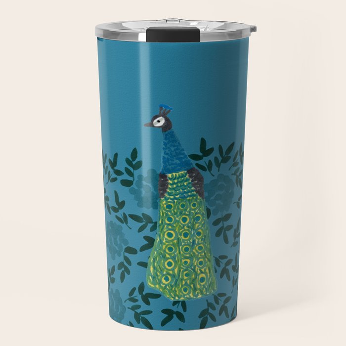 Peacock and Flower - Teal and Blue Travel Mug Gallery Image 1