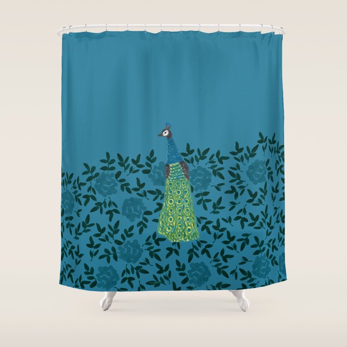 Peacock and Flower - Teal and Blue Shower Curtain Gallery Image 1