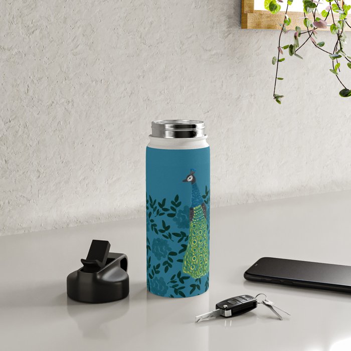 Peacock and Flower - Teal and Blue Water Bottle Gallery Image 4