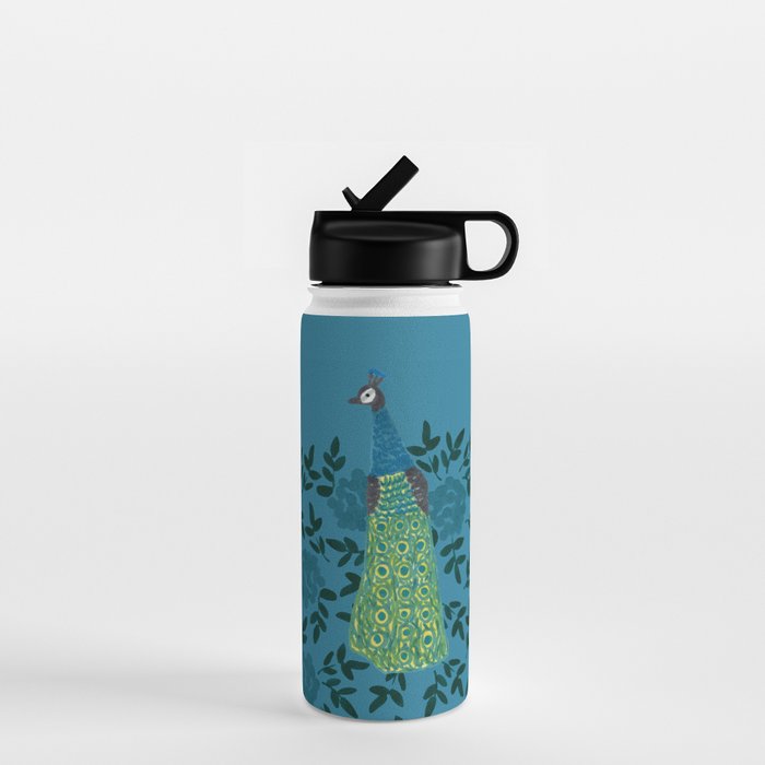 Peacock and Flower - Teal and Blue Water Bottle
