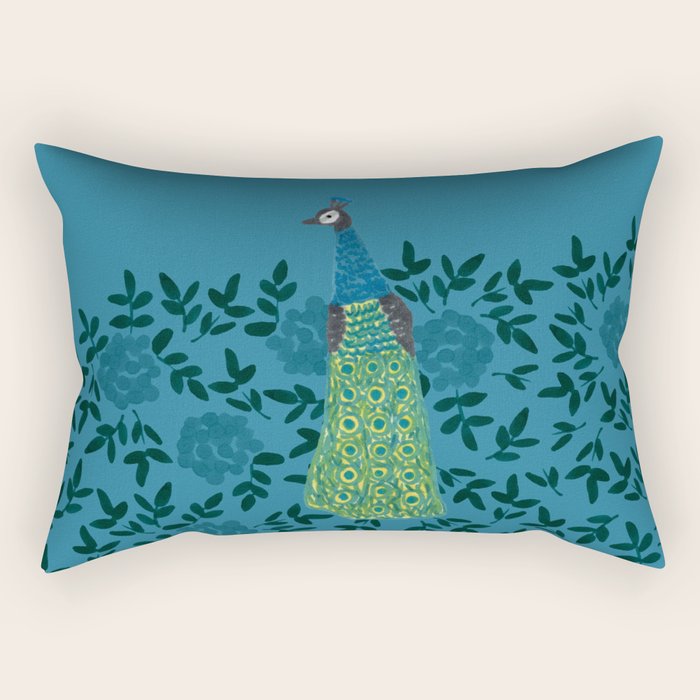 Peacock and Flower - Teal and Blue Rectangular Pillow Gallery Image 1
