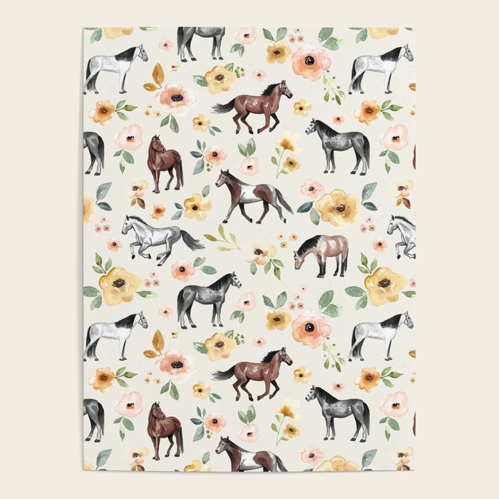 Horses and Flowers, Sunrise Floral, Cream, Horse Print, Horse Illustration, Pink and Yellow, Equestrian, Little Girls Poster Gallery Image 4