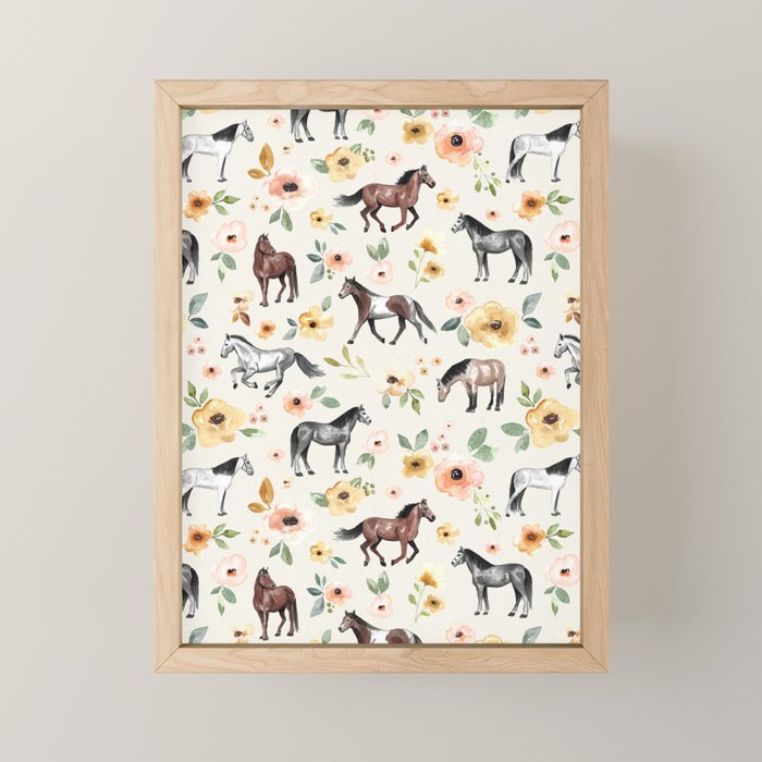 Horses and Flowers, Sunrise Floral, Cream, Horse Print, Horse Illustration, Pink and Yellow, Equestrian, Little Girls Mini Art Print Gallery Image 1