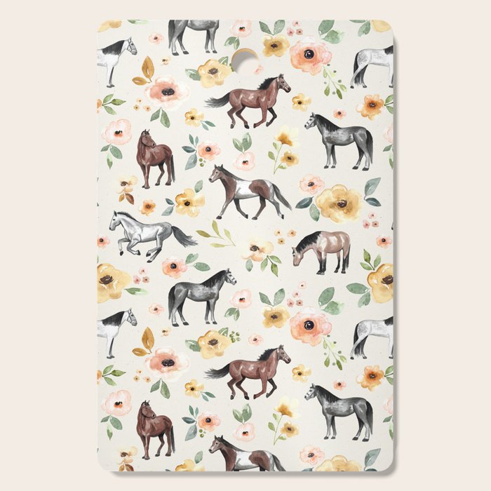 Horses and Flowers, Sunrise Floral, Cream, Horse Print, Horse Illustration, Pink and Yellow, Equestrian, Little Girls Cutting Board Gallery Image 1