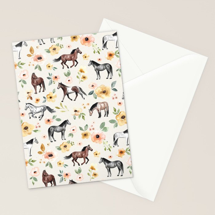 Horses and Flowers, Sunrise Floral, Cream, Horse Print, Horse Illustration, Pink and Yellow, Equestrian, Little Girls Stationery Card Gallery Image 2