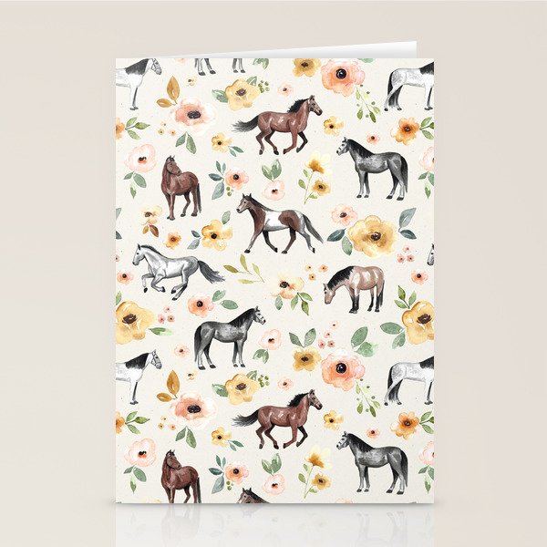 Horses and Flowers, Sunrise Floral, Cream, Horse Print, Horse Illustration, Pink and Yellow, Equestrian, Little Girls Stationery Card Gallery Image 2