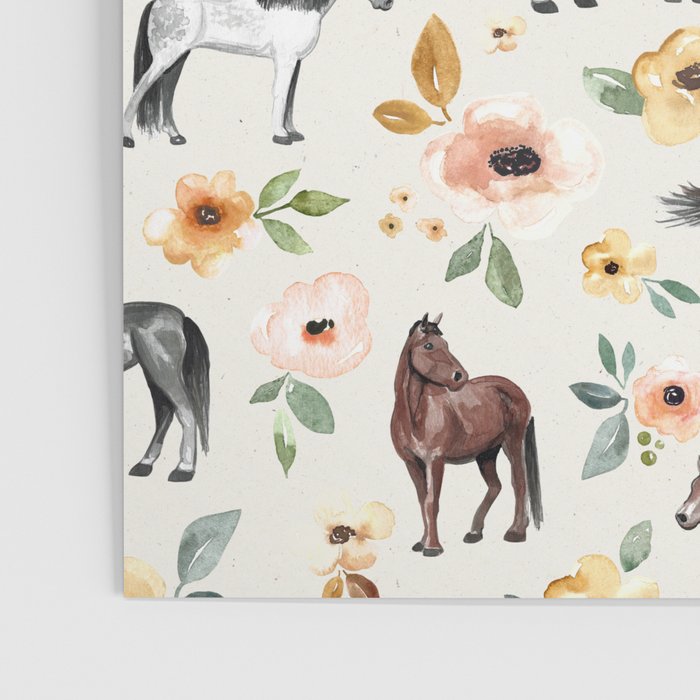 Horses and Flowers, Sunrise Floral, Cream, Horse Print, Horse Illustration, Pink and Yellow, Equestrian, Little Girls Poster Gallery Image 3