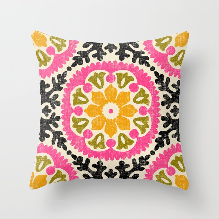 Folk Art Mandala - vintage pink, gold, and avocado green Throw Pillow Gallery Image 6