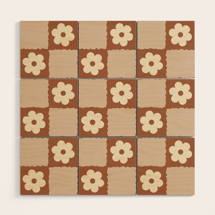 Retro Flower Checker in Brown Wood Wall Art Gallery Image 1