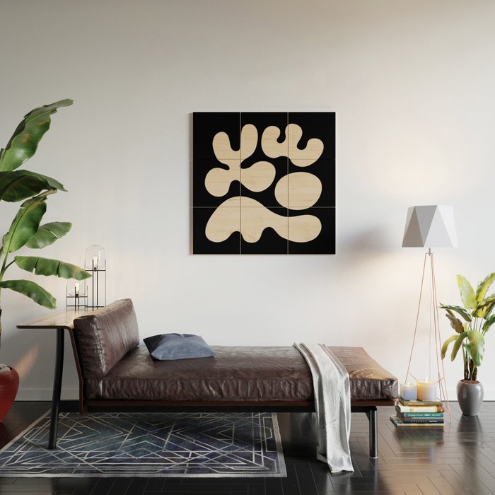 Mid Century Modern Organic Shapes 352 Black and Linen White Wood Wall Art Gallery Image 2