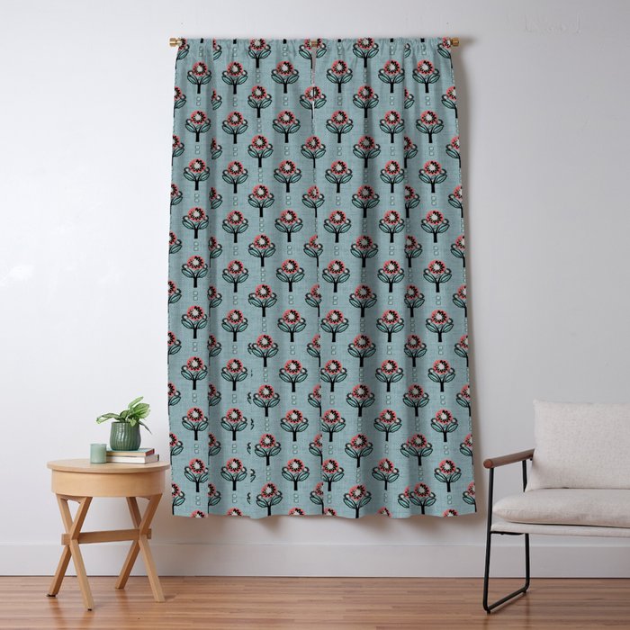 Blockprint Blooms on light blue Window Curtain Gallery Image 5
