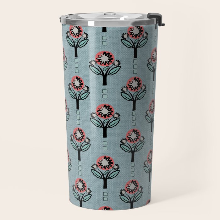 Blockprint Blooms on light blue Travel Mug Gallery Image 2