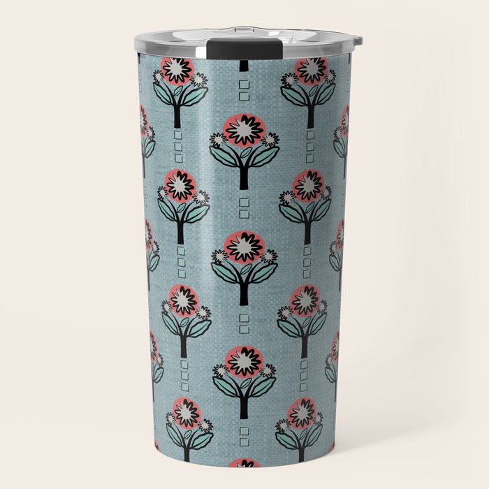 Blockprint Blooms on light blue Travel Mug Gallery Image 1