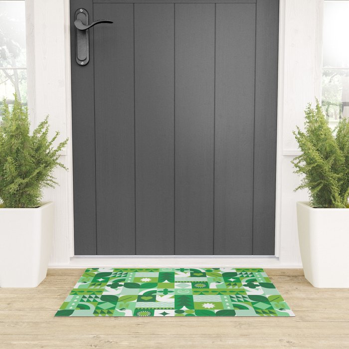 Green eco friendly geometric mosaic art pattern Welcome Mat Gallery Image 3