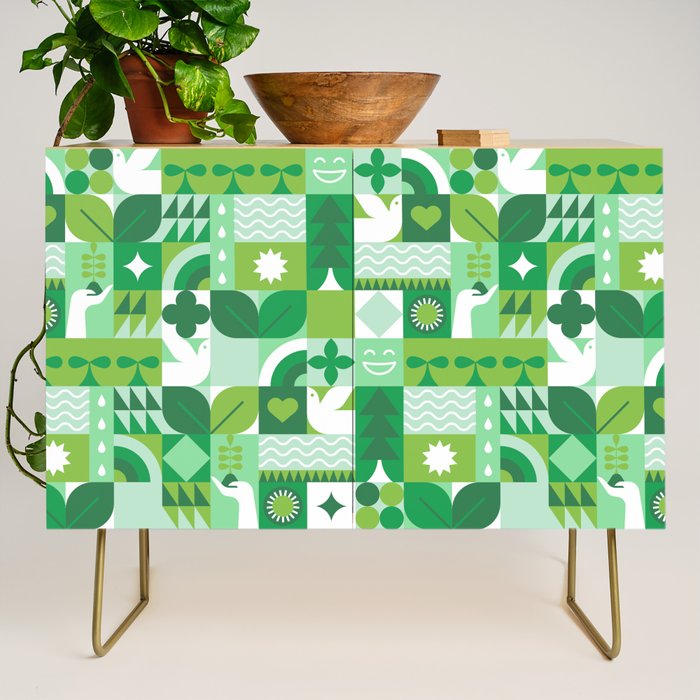 Green eco friendly geometric mosaic art pattern Credenza Gallery Image 1