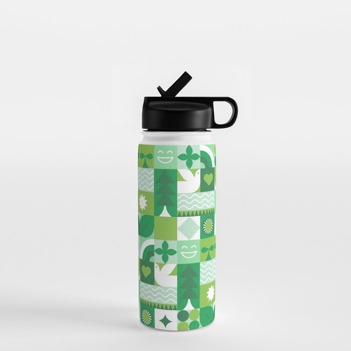 Green eco friendly geometric mosaic art pattern Water Bottle Gallery Image 1