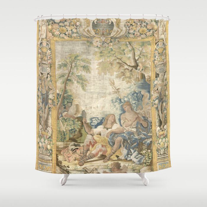Antique 17th Century Romantic Warrior Italian Tapestry Shower Curtain Gallery Image 1