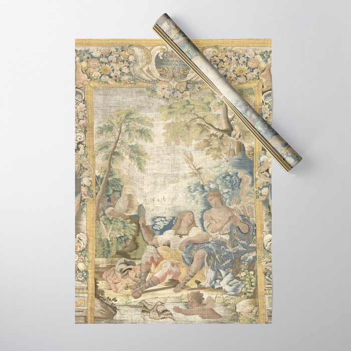 Antique 17th Century Romantic Warrior Italian Tapestry Wrapping Paper Gallery Image 1