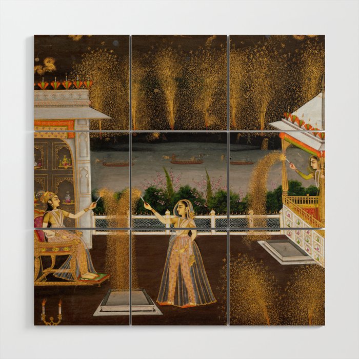 Royal Women Celebrating Diwali Indian Miniature Painting  Wood Wall Art Gallery Image 1