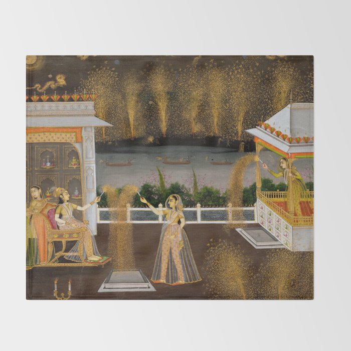 Royal Women Celebrating Diwali Indian Miniature Painting  Throw Blanket Gallery Image 2