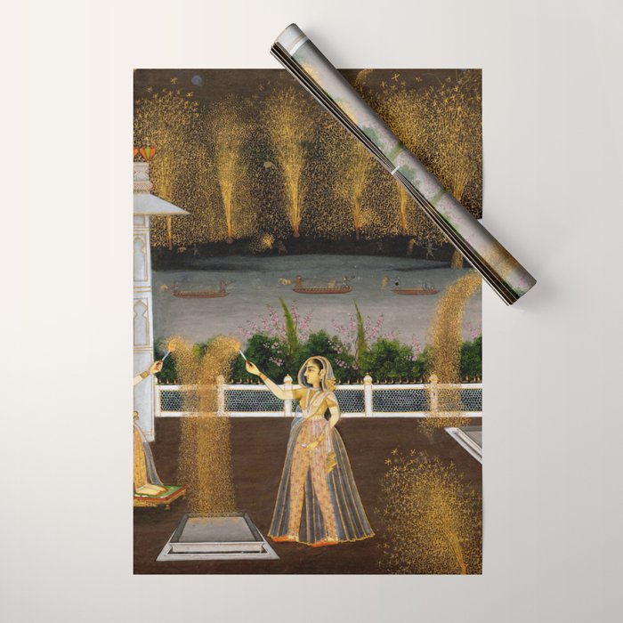 Royal Women Celebrating Diwali Indian Miniature Painting  Wrapping Paper Gallery Image 1