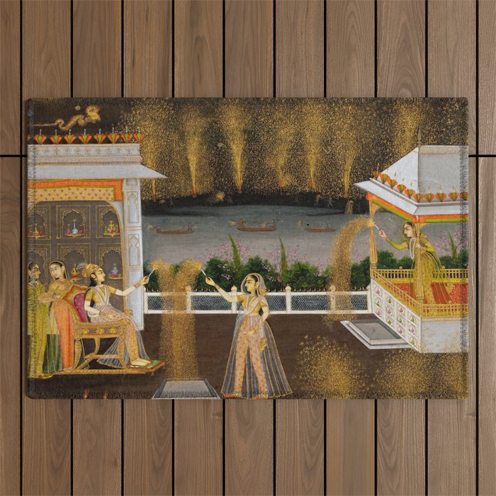 Royal Women Celebrating Diwali Indian Miniature Painting  Outdoor Rug Gallery Image 1